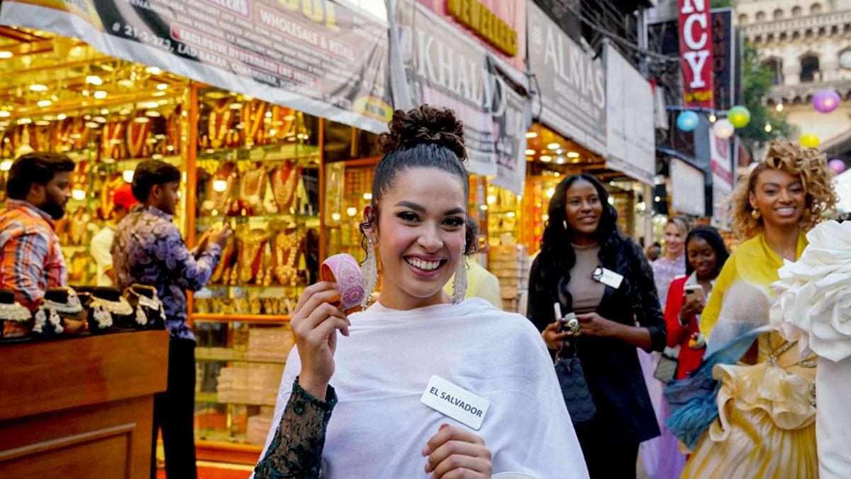 109 Miss World 2025 contestants visit Laad Bazar near Charminar, in Hyderabad on Tuesday.