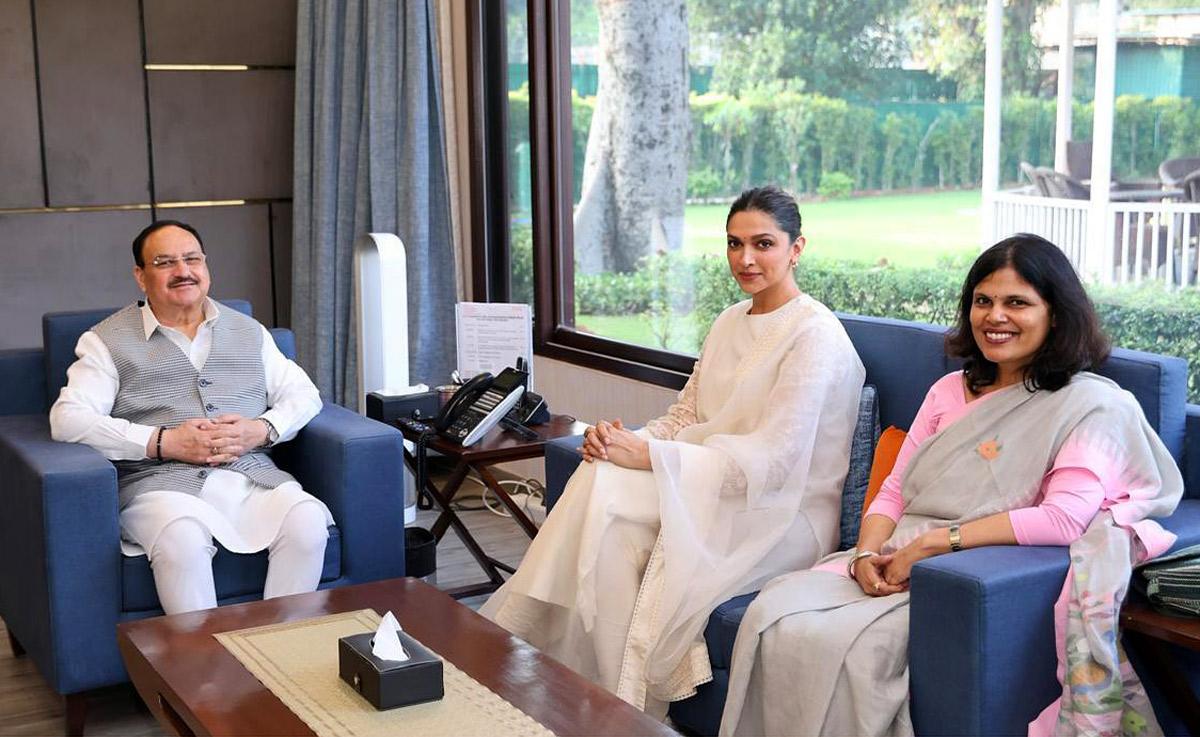 Deepika Padukone with Union Health Minister J P Nadda