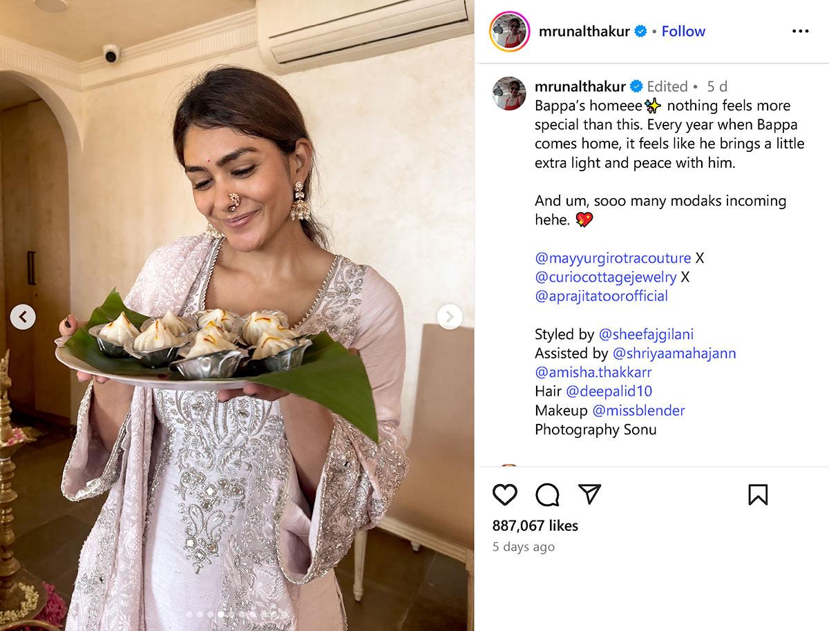 Mrunal Thakur with a plate of modaks