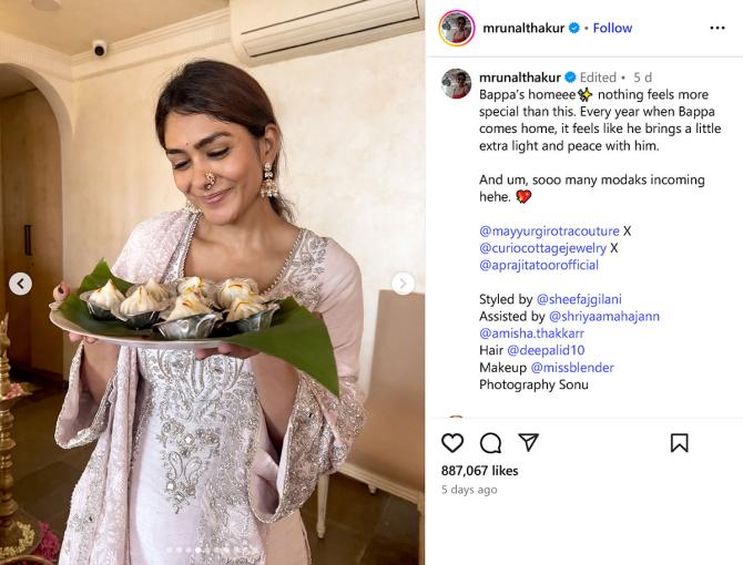 Mrunal Thakur with a plate of modaks
