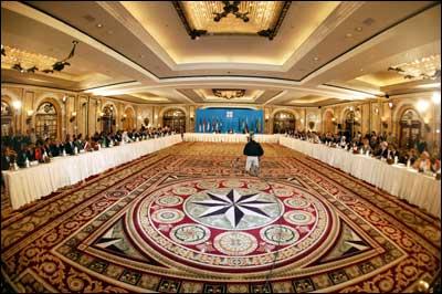 A general view of the opening session of the extraordinary OPEC ministerial meeting in Beirut. Photo: Haitham Mussawi / AFP / Getty Images