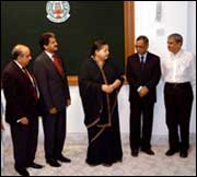 Tamil Nadu Chief Minsiter J Jayalalithaa with Infosys Chairman N R Narayana Murthy (2nd from right) and CII President Anand Mahindra (2nd from left) at the Infosys SDC foundation stone laying ceremony in Chennai.