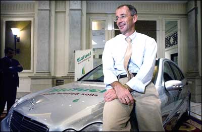 Diamler Chrysler India CEO Hans Michael Huber the Mercedes test car of the 'Biodiesel Project with Mercedes-Benz'. Photograph: Sebastian D'Souza/AFP/Getty Images