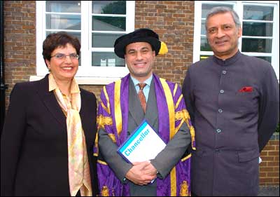 Karan Bilimoria, CBE, founder and chief executive of Cobra Beer, on his installation as Chancellor of Thames Valley University with Baroness Prashar, Chancellor of De Montford University and a member of the House of Lords; His Excellency Kamlesh Sharma, High Commissioner of India. 