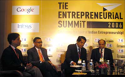 K V Kamath, MD and CEO, ICICI Bank, chairing the panel on Intrapreneurship with Sushil Mehta, Ranbaxy Fine Chemicals (from left), Haresh Chawla, CEO, TV 18 and Sanjeev Bikchandani, co-founder and CEO, Naukri.com (extreme right) at the TiE Entrepreneurial Summit 2006.