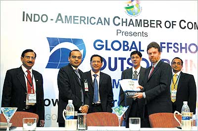 Genpact CEO Pramod Bhasin, Ernst & Young associate director Milan Sheth, US Consul General Michael Owen, IACC regional president Atul Nishar, and GOOS 2006 conference chairman Manish Modi at the Global Offshore Outsourcing Summit 2006 in Mumbai on Friday.
