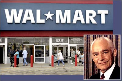 Photograph shows a Wal-Mart store in Riverside, Illinois, USA. (Inset) Wal-Mart founder Sam Walton. Photo: Scott Olson/Getty Images. 