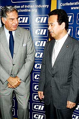 Akira Amari, Japanese Minister of Economy, Trade and Industry (right) with Ratan Tata, Tata Group chairman, in Mumbai on Tuesday. Photograph: Indranil Mukherjee/AFP/Getty Images