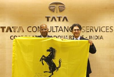 TCS CEO S Ramadorai and Ferrari CIO Antonio Calbrese in Mumbai on Tuesday.BRPhotograph: Sajjad Hussain/AFP/Getty Images