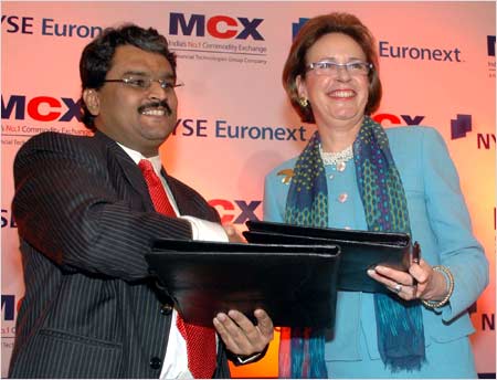Jignesh Shah, MD & CEO, MCX, and Catherine Kenney, President, NYSE Euronext in Mumbai on Friday. Photograph: Arun Patil