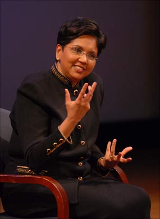 PepsiCo chief executive officer Indra Nooyi with Asia Society president Vishakha Desai at an Asia Society event in New York