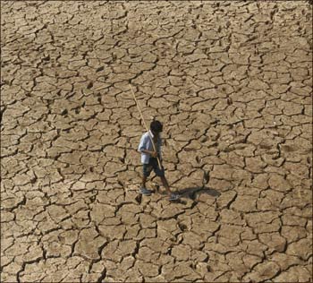 A man walks through the parched banks of Sukhana Lake in Chandigarh.