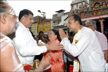 Anil Ambani and his mother, Kokilaben, at the Meenakshi Temple in Madurai on Sunday.