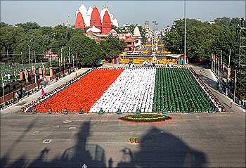 Children during the full dress rehearsal for the country's Independence Day celebrations in Delhi.