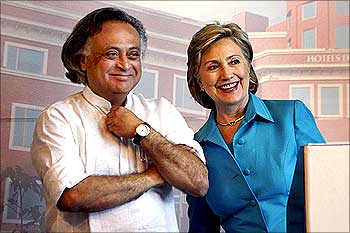 US Secretary of State Hillary Clinton shares a moment with Jairam Ramesh (L), Indian Minister of State (MOS) for Environment and Forests in Gurgaon.