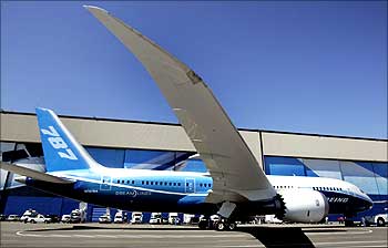 The Boeing 787 Dreamliner aircraft sits outside the Boeing assembly plant in Everett.
