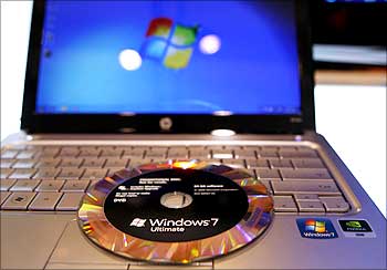 The new Windows 7 operating system installation DVD is pictured on a notebook at the Windows 7 Launch Party in New York.