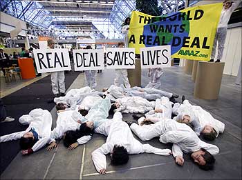 Members of an NGOs stage a die-in protest before the opening of the United Nations Climate Change Conference 2009 in Copenhagen.