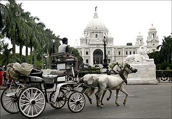 A horse-cart passes in front of the Queen Victoria Memorial in Kolkata.