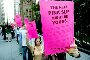 Pink slip protesters line up on Broadway.