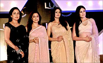 Bollywood actresses Hema Malini, Juhi Chawla, Sridevi and Kareena Kapoor pose during a promotional event for a beauty product in Mumbai.