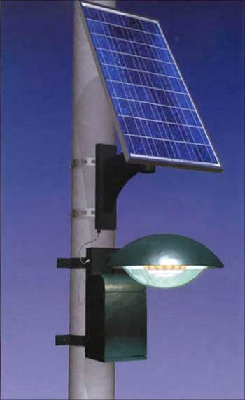 Solar-powered street light.