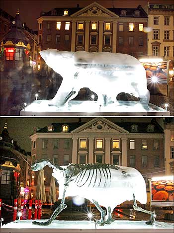 A combo photograph shows an ice sculpture of a polar bear and its melted skeleton in Copenhagen.