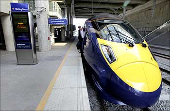 A high speed 'Javelin' train waits at a platform at Stratford International Station in Stratford, east London.