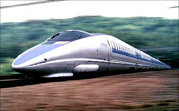 This montage picture shows Japan's bullet train, the 500-type Nozomi, developed by the West Japan Railway Co.