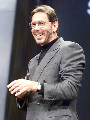 Oracle CEO Larry Ellison delivers the keynote address at the Oracle Open World conference in Los Angeles.