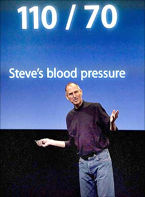 Steve Jobs makes a joke about his blood pressure after introducing the MacBook laptop.