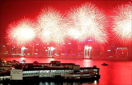 Fireworks light the sky over Victoria Harbour in Hong Kong.