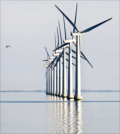 An off-shore wind farm stands in the water near the Danish island of Samso.