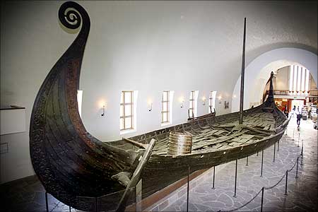 A longboat, known as the Oseberg ship, at the Viking Ship Museum in Oslo, Norway.