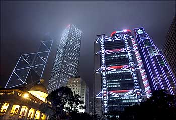 (L-R) Bank of China, Cheung Kong Centre, HSBC, Standard Chartered Bank, Legislative Council in HK.