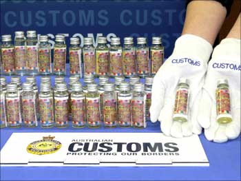 Bottles containing illegal liquid steroids seized by the Australian Customs.