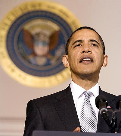 US President Barack Obama speaks about the auto industry in the Grand Foyer of the White House in Washington.