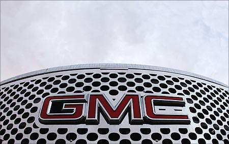 A GMC logo is seen on a pickup truck at the Laurier General Motors dealership in Quebec City.