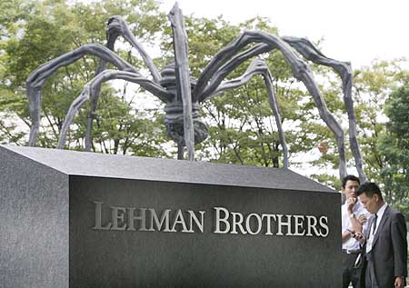 Lehman Brothers is the America's largest bankrupt company. A company sign is seen here in front of a spider-shaped statue outside the company's office in Tokyo.