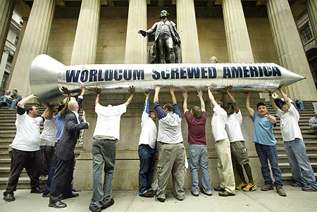 WorldCom, which was involved in one of the biggest accounting fraud cases in US history, is at No 3. Seen here is a 24-foot long representation of a screw hoisted into position outside Federal Hall in New York's financial district.