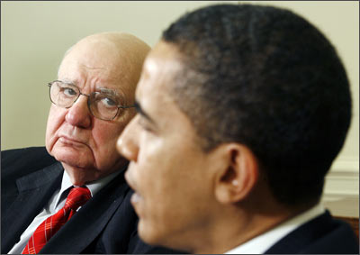 US President Obama meets with Economic Recovery Advisory Board Chairman Volcker in the Oval Office of the White House