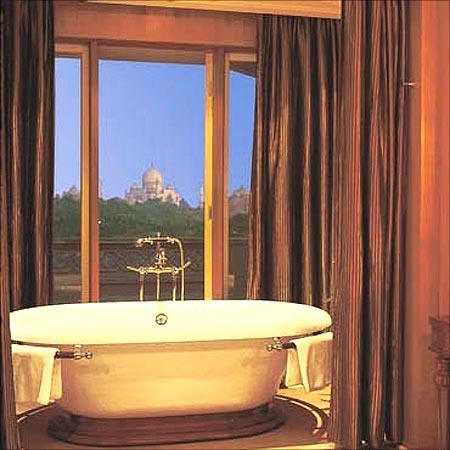 Even the bathroom at the Kohinoor Suite, the Oberoi Amarvilas, Agra, offers a view of the Taj Mahal.