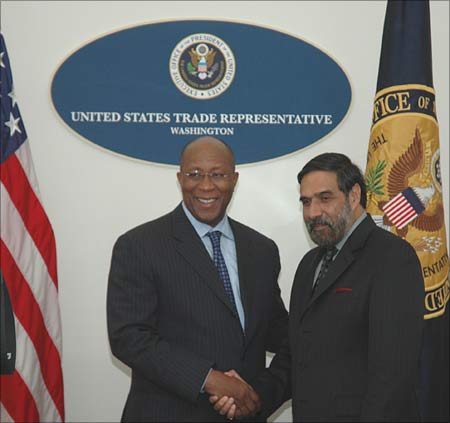 Commerce and Industry Minister Anand Sharma meeting US Trade Representative Ambassador Ron Kirk in Washington, DC on June 17, 2009.