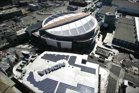 Solar panels are seen atop the roofs of the Nokia Theatre and Staples Center at LA.