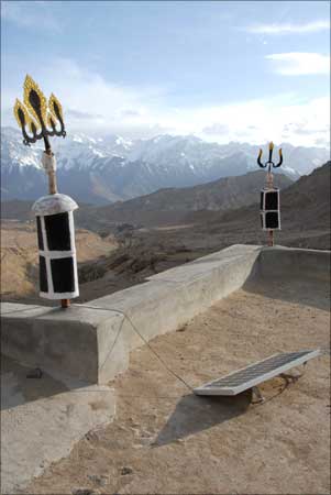 A view of a solar panel on the roof of Lamayuru Monastery in Laddakh.