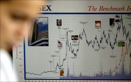 A stock market chart at a brokerage in Mumbai.