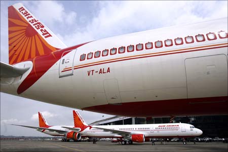 Air India's newly acquired Airbus A321 and Boeing 777-200 LR aircraft at the Mumbai airport.