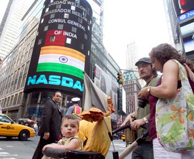 The Tricolour features on the Nasdaq building in New York, even as the stock exchange welcomed the then Consul General of India, Neelam Deo. | Photograph: Paresh Gandhi/Rediff Archives