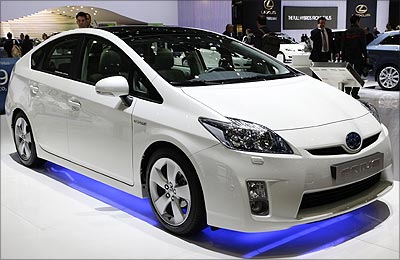 A Toyota Prius 3 is displayed during the first media day of the 79th Geneva Car Show in Geneva.
