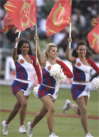 Bangalore Royal Challengers dancers entertain fans during the 2009 Indian Premier League T20 cricket tournament between the Mumbai Indians and the Bangalore Royal Challengers.